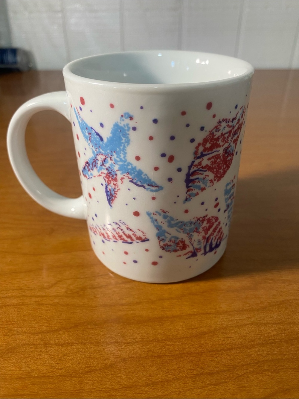 White Ceramic Mug with Red & Blue Seabird Print
